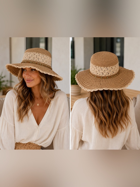 Fat Face Accessories - Fat Face UK Packable Crochet Straw Sun Hat Boho Wide Brim Brown Cream Beaded